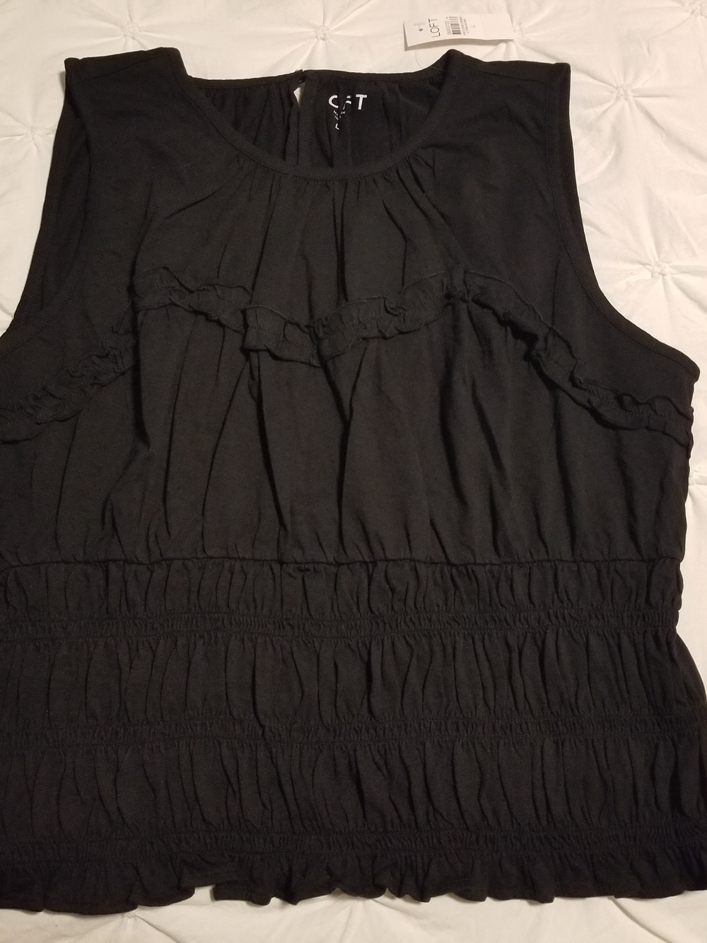 LOFT Rouched Black Ruffle-Detail Sleeveless Tank Size large New With Tags